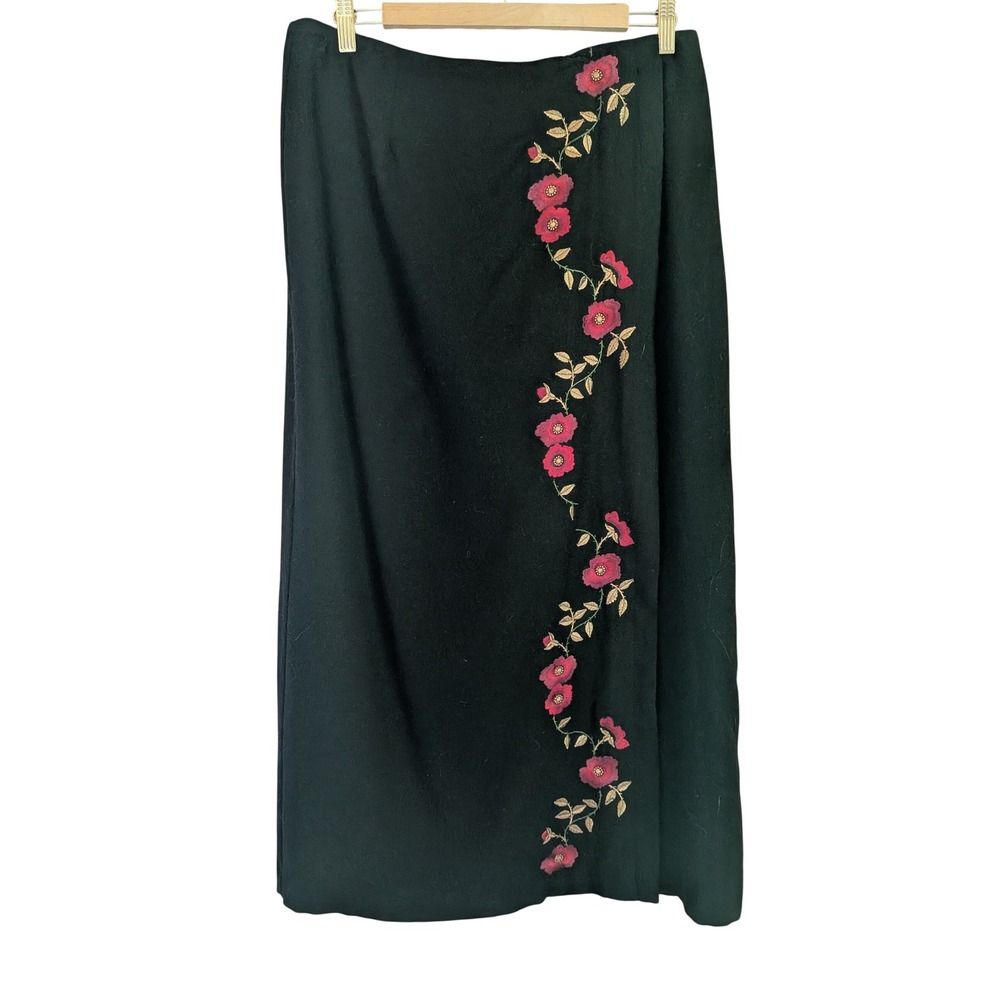 Long Vintage Skirt 14 Embroidered Floral Cottage Boho Dark Academia Wool Blend